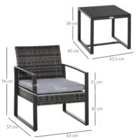 Graues gemütliches Polyrattan-Balkonset für zwei Personen, inklusive bequemer Kissen, perfekt für kleine Balkone.