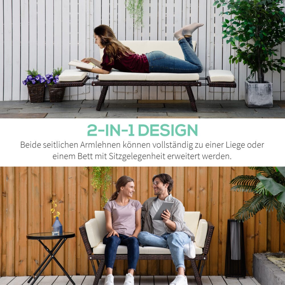 Braunes, klappbares Polyrattan-Gartensofa für zwei Personen.