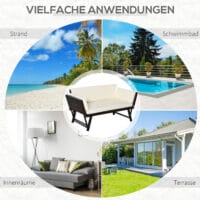 Braunes, klappbares Polyrattan-Gartensofa für zwei Personen.