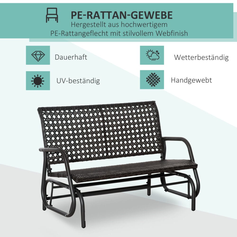 Dunkelgraue Polyrattan-Schaukelbank für zwei Personen.