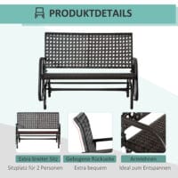 Dunkelgraue Polyrattan-Schaukelbank für zwei Personen.