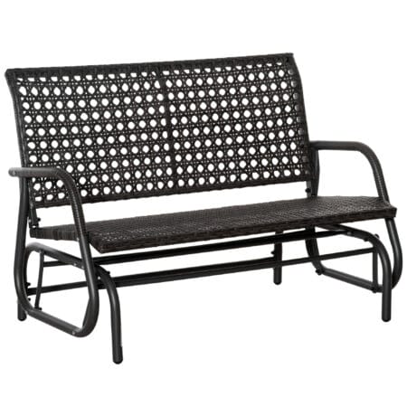 Dunkelgraue Polyrattan-Schaukelbank für zwei Personen.