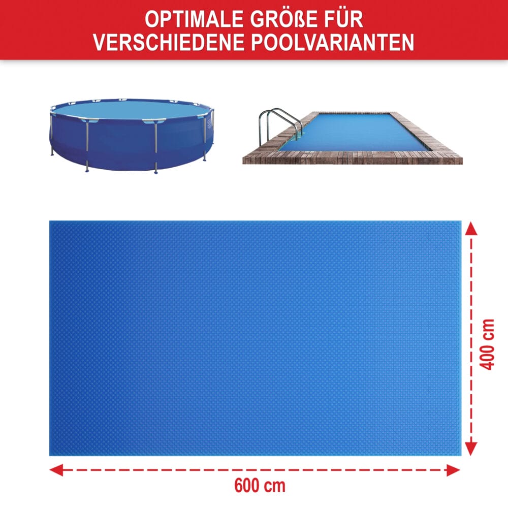 Effiziente Pool Solarplane (600x400cm), wärmespeichernd und zuschneidbar.