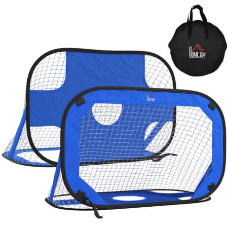 Blaues 2er-Set faltbarer Pop-Up Fussballtore, 123x80x80cm gross, ideal für spontane Spiele und einfaches Verstauen.