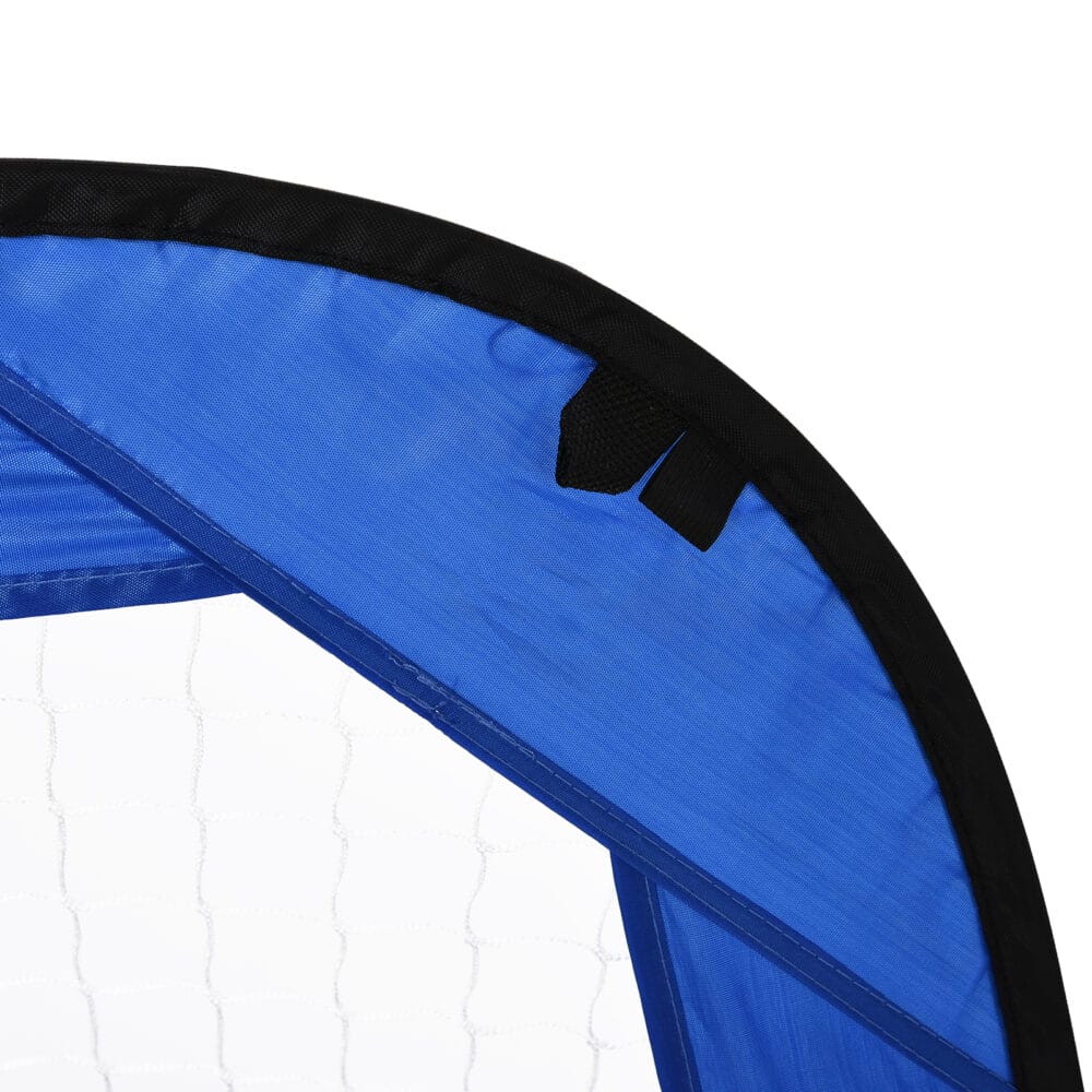 Blaues 2er-Set faltbarer Pop-Up Fussballtore, 123x80x80cm gross, ideal für spontane Spiele und einfaches Verstauen.