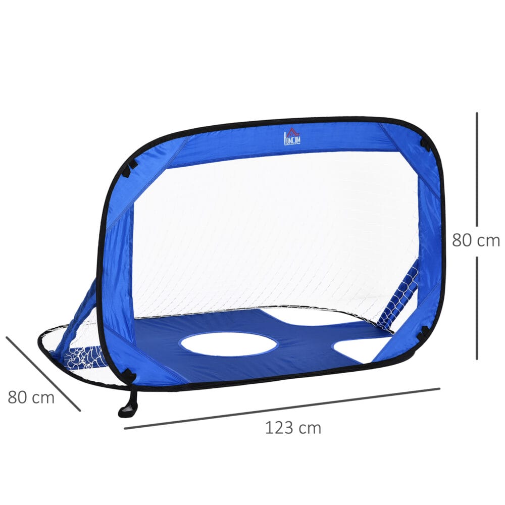Blaues 2er-Set faltbarer Pop-Up Fussballtore, 123x80x80cm gross, ideal für spontane Spiele und einfaches Verstauen.