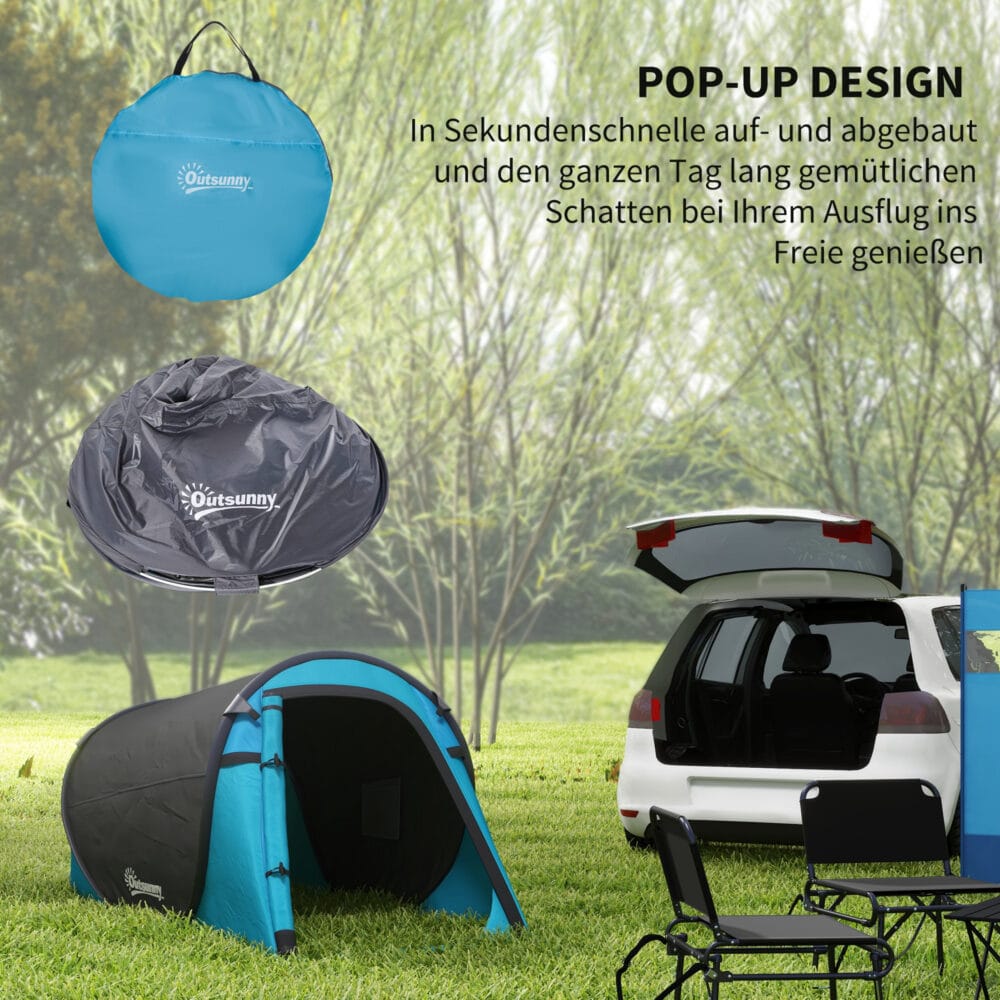Pop-Up Zelt für 1–2 Personen, leicht & robust, Farbe Blau-Grau.