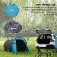 Pop-Up Zelt für 1–2 Personen, leicht & robust, Farbe Blau-Grau.