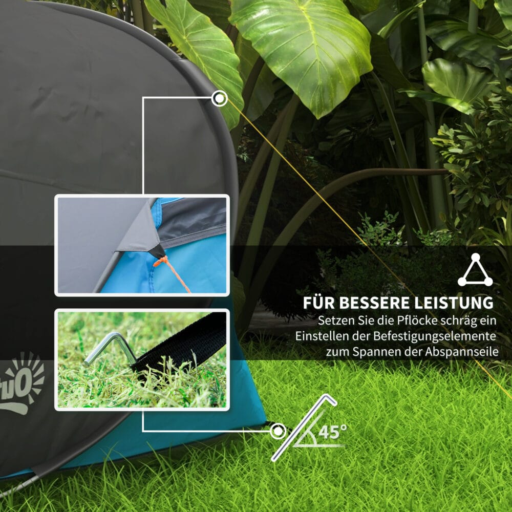 Pop-Up Zelt für 1–2 Personen, leicht & robust, Farbe Blau-Grau.