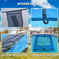 Pop-Up Zelt für 1–2 Personen, leicht & robust, Farbe Blau-Grau.