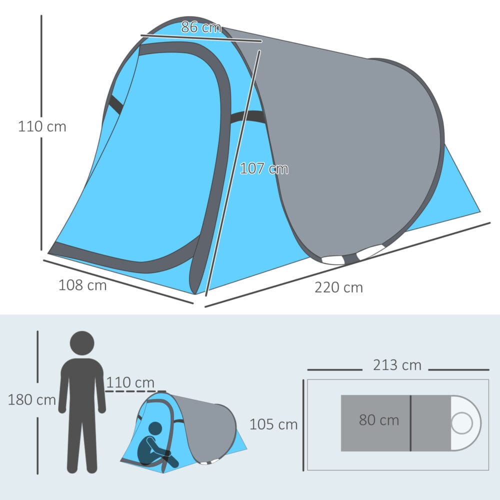 Pop-Up Zelt für 1–2 Personen, leicht & robust, Farbe Blau-Grau.
