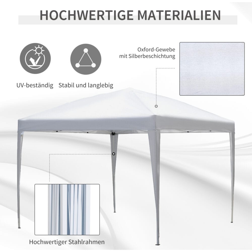 Weißer Pop-Up Pavillon 295x295m mit UV-Schutz.