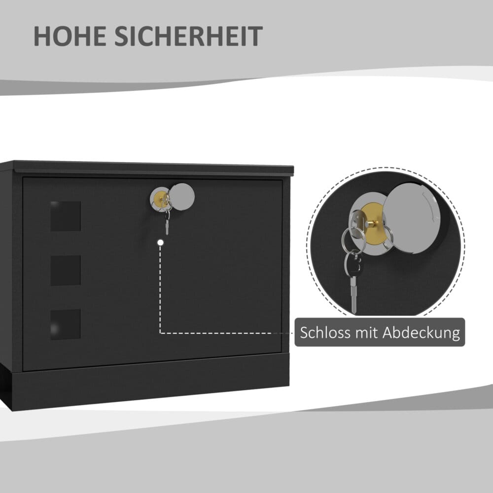 Ein schwarzer Postkasten und Briefkasten aus Metall mit Zeitungsfach, Maße 365x115x29cm.
