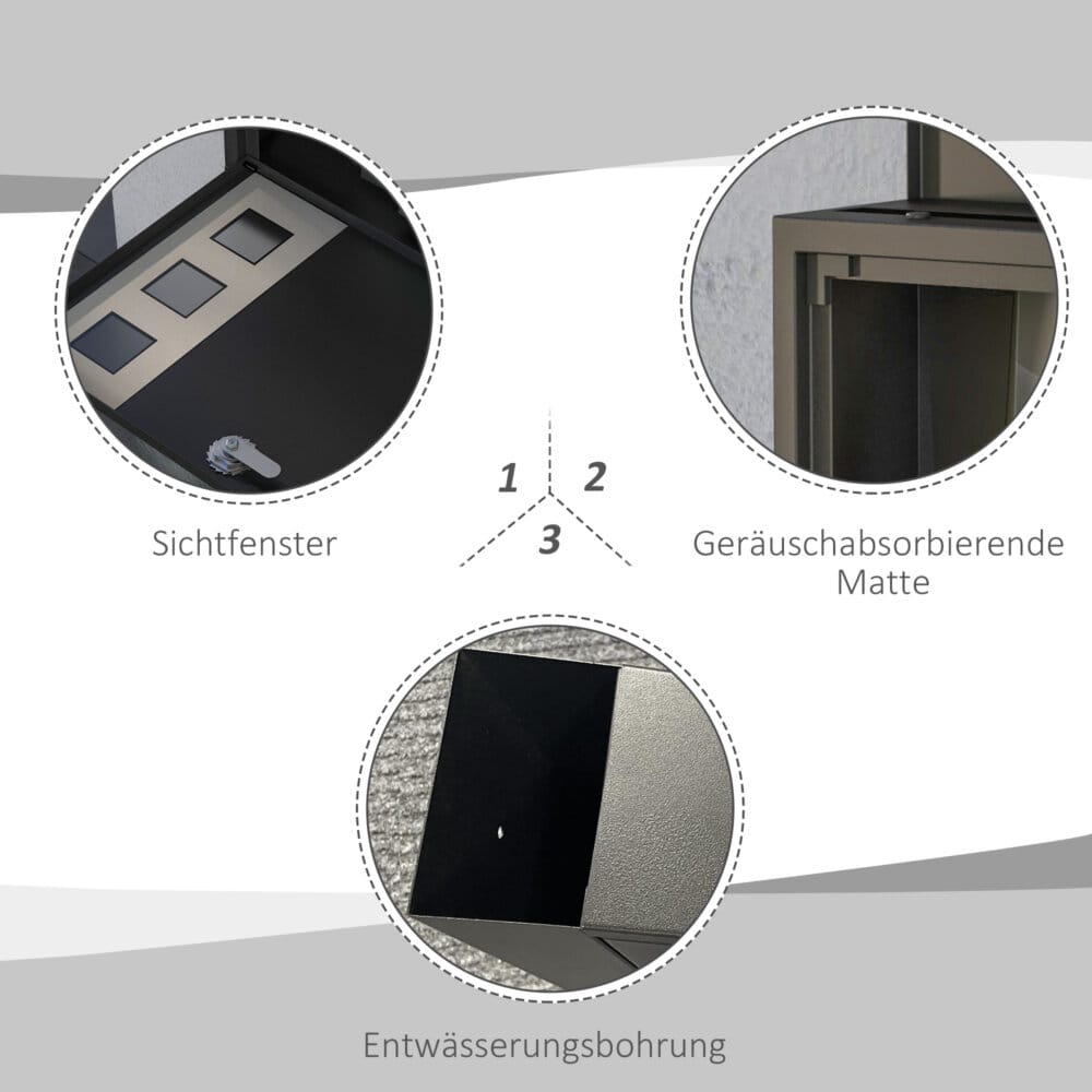 Ein schwarzer Postkasten und Briefkasten aus Metall mit Zeitungsfach, Maße 365x115x29cm.