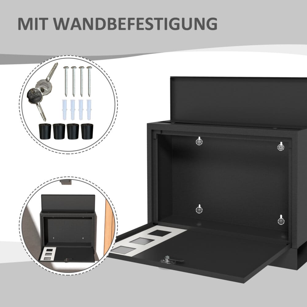 Ein schwarzer Postkasten und Briefkasten aus Metall mit Zeitungsfach, Maße 365x115x29cm.