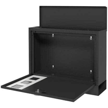 Ein schwarzer Postkasten und Briefkasten aus Metall mit Zeitungsfach, Maße 365x115x29cm.