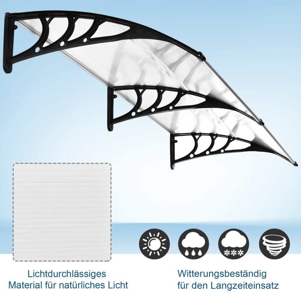 Transparentes Pultvordach für die Haustür, aus Polycarbonat und Aluminium, bietet modernen Wetterschutz.