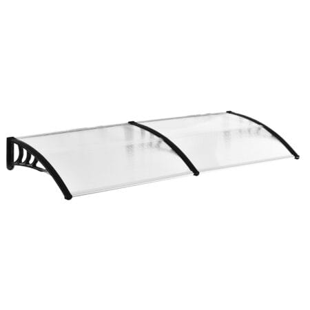 Transparentes Pultvordach für die Haustür, aus Polycarbonat und Aluminium, bietet modernen Wetterschutz.