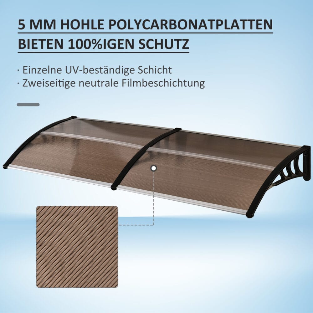Braunes Pultvordach aus Polycarbonat mit UV-Schutz, 75x195x23cm, bietet Schutz vor Regen und Sonne über Türen und Fenstern.