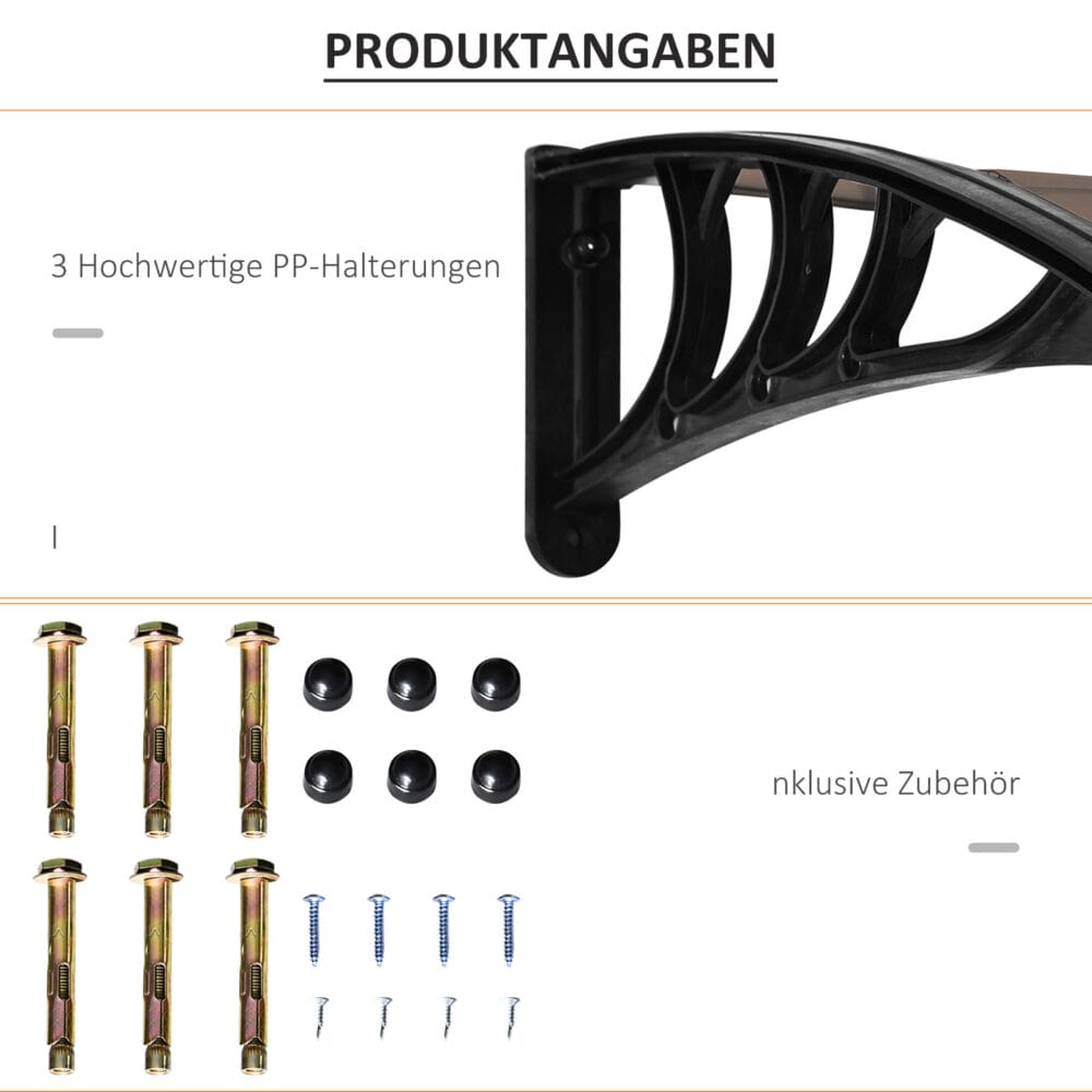 Braunes Pultvordach aus Polycarbonat mit UV-Schutz, 75x195x23cm, bietet Schutz vor Regen und Sonne über Türen und Fenstern.