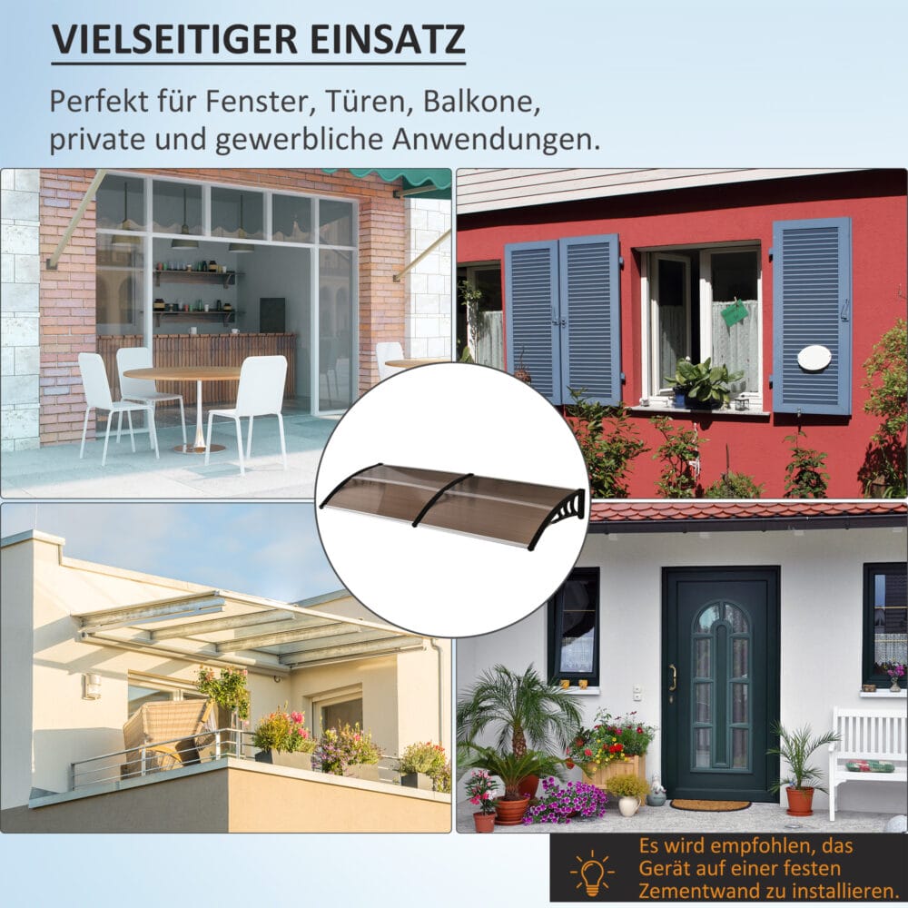 Braunes Pultvordach aus Polycarbonat mit UV-Schutz, 75x195x23cm, bietet Schutz vor Regen und Sonne über Türen und Fenstern.