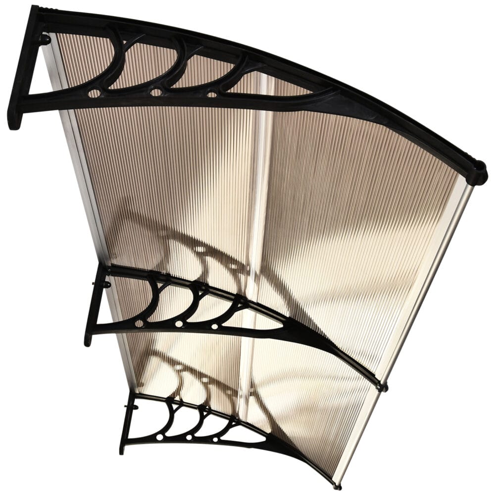 Braunes Pultvordach aus Polycarbonat mit UV-Schutz, 75x195x23cm, bietet Schutz vor Regen und Sonne über Türen und Fenstern.