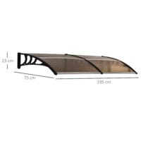 Braunes Pultvordach aus Polycarbonat mit UV-Schutz, 75x195x23cm, bietet Schutz vor Regen und Sonne über Türen und Fenstern.