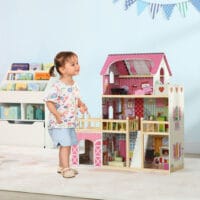 Rosa Puppenhaus auf 3 Etagen mit einer praktischen, abnehmbaren Garage. Ein Traum-Spielhaus für Kinder von 3-6 Jahren, das vielfältige Spielszenarien ermöglicht.