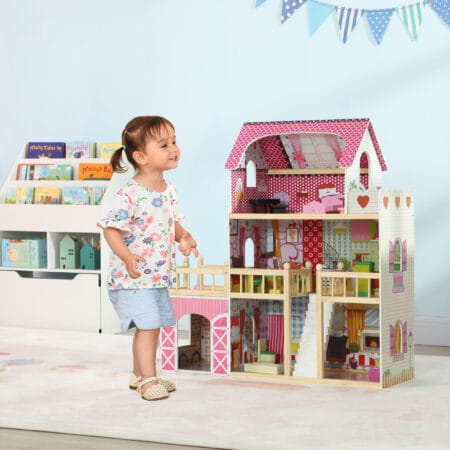 Rosa Puppenhaus auf 3 Etagen mit einer praktischen, abnehmbaren Garage. Ein Traum-Spielhaus für Kinder von 3-6 Jahren, das vielfältige Spielszenarien ermöglicht.