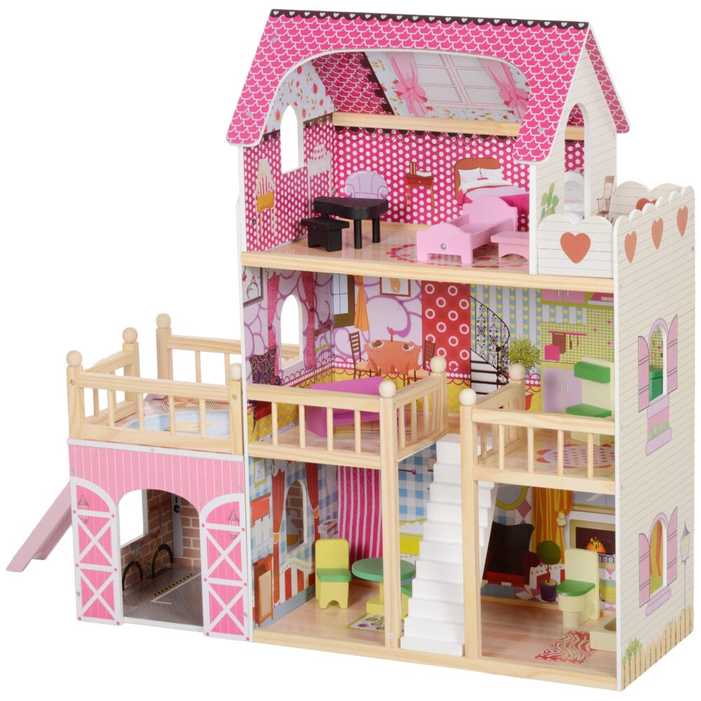 Rosa Puppenhaus auf 3 Etagen mit einer praktischen, abnehmbaren Garage. Ein Traum-Spielhaus für Kinder von 3-6 Jahren, das vielfältige Spielszenarien ermöglicht.