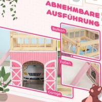 Rosa Puppenhaus auf 3 Etagen mit einer praktischen, abnehmbaren Garage. Ein Traum-Spielhaus für Kinder von 3-6 Jahren, das vielfältige Spielszenarien ermöglicht.
