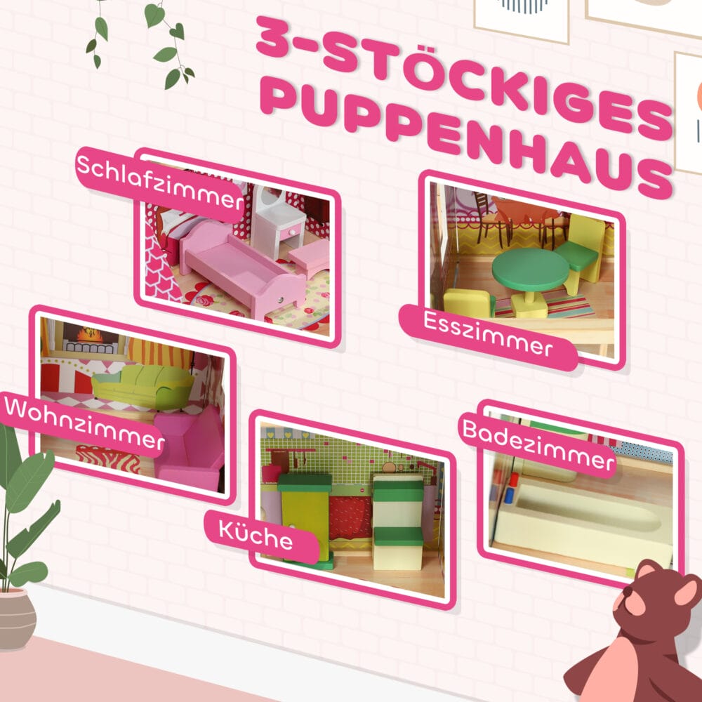 Rosa Puppenhaus auf 3 Etagen mit einer praktischen, abnehmbaren Garage. Ein Traum-Spielhaus für Kinder von 3-6 Jahren, das vielfältige Spielszenarien ermöglicht.