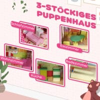 Rosa Puppenhaus auf 3 Etagen mit einer praktischen, abnehmbaren Garage. Ein Traum-Spielhaus für Kinder von 3-6 Jahren, das vielfältige Spielszenarien ermöglicht.