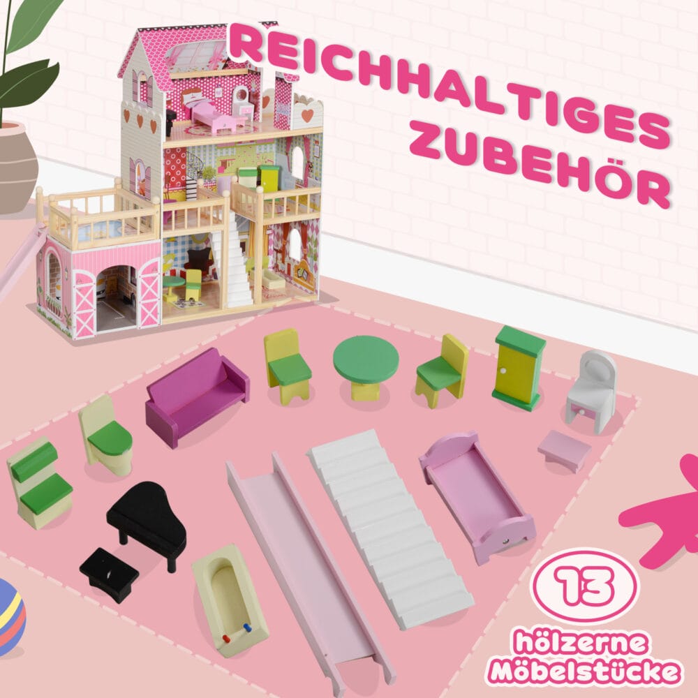 Rosa Puppenhaus auf 3 Etagen mit einer praktischen, abnehmbaren Garage. Ein Traum-Spielhaus für Kinder von 3-6 Jahren, das vielfältige Spielszenarien ermöglicht.