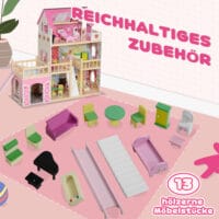 Rosa Puppenhaus auf 3 Etagen mit einer praktischen, abnehmbaren Garage. Ein Traum-Spielhaus für Kinder von 3-6 Jahren, das vielfältige Spielszenarien ermöglicht.