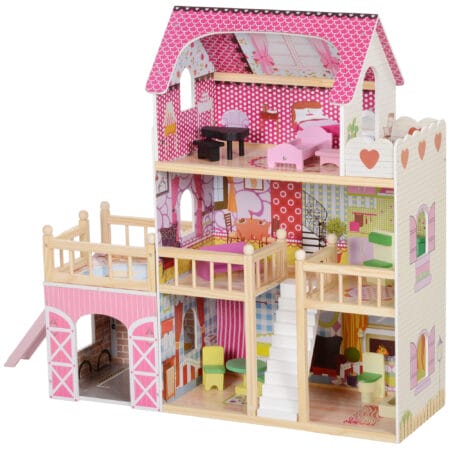 Rosa Puppenhaus auf 3 Etagen mit einer praktischen, abnehmbaren Garage. Ein Traum-Spielhaus für Kinder von 3-6 Jahren, das vielfältige Spielszenarien ermöglicht.