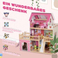 Rosa Puppenhaus auf 3 Etagen mit einer praktischen, abnehmbaren Garage. Ein Traum-Spielhaus für Kinder von 3-6 Jahren, das vielfältige Spielszenarien ermöglicht.