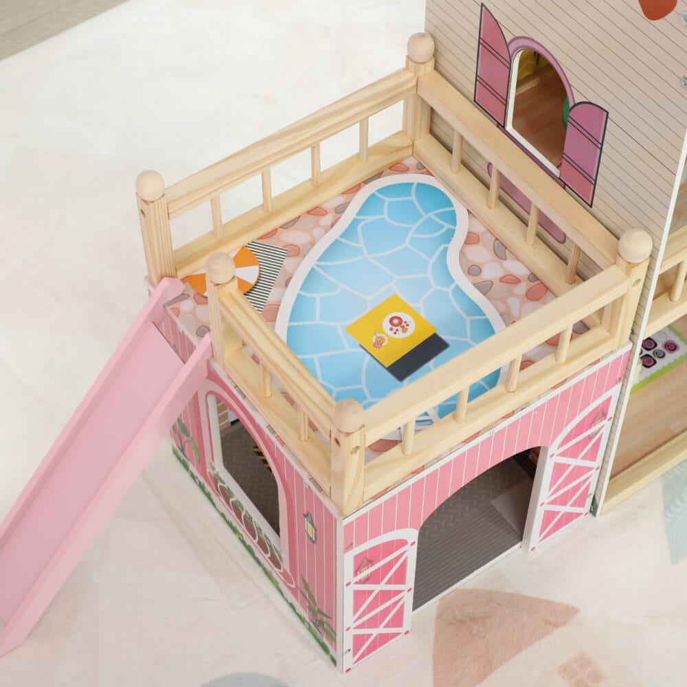 Rosa Puppenhaus auf 3 Etagen mit einer praktischen, abnehmbaren Garage. Ein Traum-Spielhaus für Kinder von 3-6 Jahren, das vielfältige Spielszenarien ermöglicht.