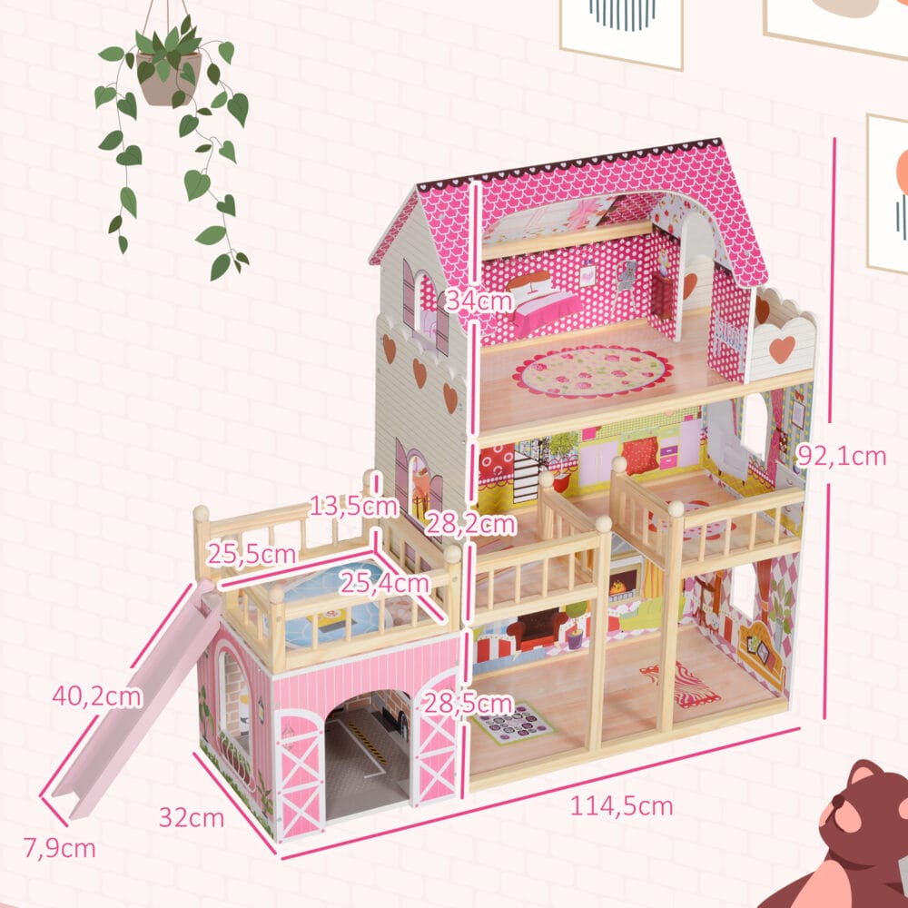 Rosa Puppenhaus auf 3 Etagen mit einer praktischen, abnehmbaren Garage. Ein Traum-Spielhaus für Kinder von 3-6 Jahren, das vielfältige Spielszenarien ermöglicht.