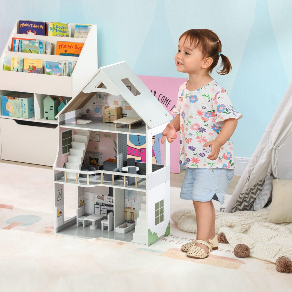 Graues hölzernes Puppenhaus auf 3 Etagen, komplett mit 13 passenden Möbeln. Ein detailreiches Spielhaus für Kinder von 3-6 Jahren, das zum fantasievollen Spielen einlädt.