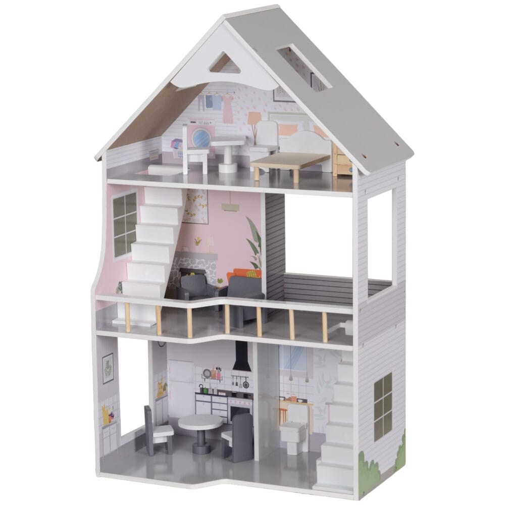 Graues hölzernes Puppenhaus auf 3 Etagen, komplett mit 13 passenden Möbeln. Ein detailreiches Spielhaus für Kinder von 3-6 Jahren, das zum fantasievollen Spielen einlädt.
