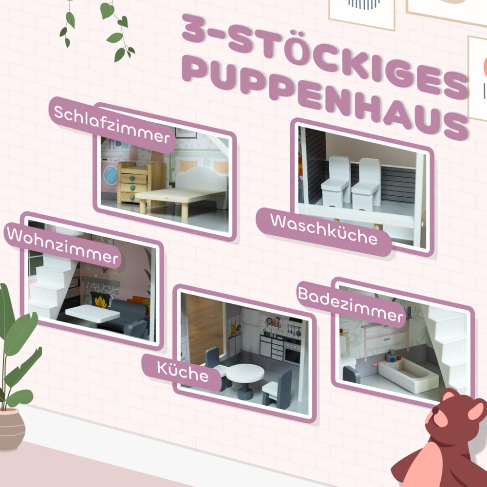 Graues hölzernes Puppenhaus auf 3 Etagen, komplett mit 13 passenden Möbeln. Ein detailreiches Spielhaus für Kinder von 3-6 Jahren, das zum fantasievollen Spielen einlädt.
