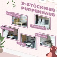 Graues hölzernes Puppenhaus auf 3 Etagen, komplett mit 13 passenden Möbeln. Ein detailreiches Spielhaus für Kinder von 3-6 Jahren, das zum fantasievollen Spielen einlädt.