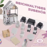 Graues hölzernes Puppenhaus auf 3 Etagen, komplett mit 13 passenden Möbeln. Ein detailreiches Spielhaus für Kinder von 3-6 Jahren, das zum fantasievollen Spielen einlädt.