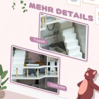 Graues hölzernes Puppenhaus auf 3 Etagen, komplett mit 13 passenden Möbeln. Ein detailreiches Spielhaus für Kinder von 3-6 Jahren, das zum fantasievollen Spielen einlädt.