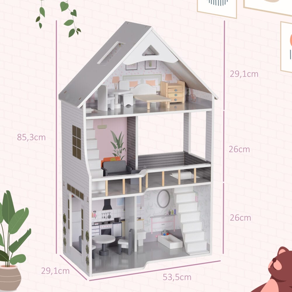 Graues hölzernes Puppenhaus auf 3 Etagen, komplett mit 13 passenden Möbeln. Ein detailreiches Spielhaus für Kinder von 3-6 Jahren, das zum fantasievollen Spielen einlädt.