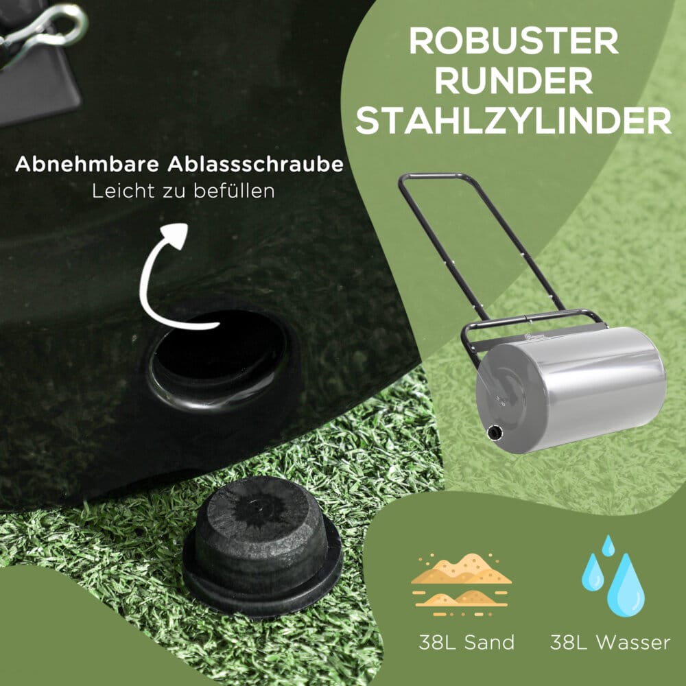 Eine schwarze Rasenwalze und Gartenwalze aus Metall mit 38 Litern Fassungsvermögen für Wasser oder Sand und einem U-Griff.