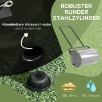 Eine schwarze Rasenwalze und Gartenwalze aus Metall mit 38 Litern Fassungsvermögen für Wasser oder Sand und einem U-Griff.