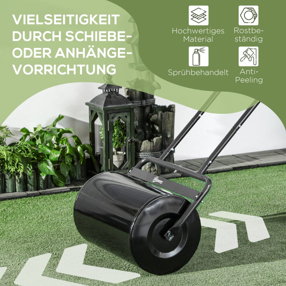 Eine schwarze Rasenwalze und Gartenwalze aus Metall mit 38 Litern Fassungsvermögen für Wasser oder Sand und einem U-Griff.