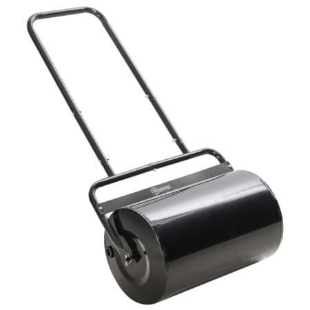 Eine schwarze Rasenwalze und Gartenwalze aus Metall mit 38 Litern Fassungsvermögen für Wasser oder Sand und einem U-Griff.